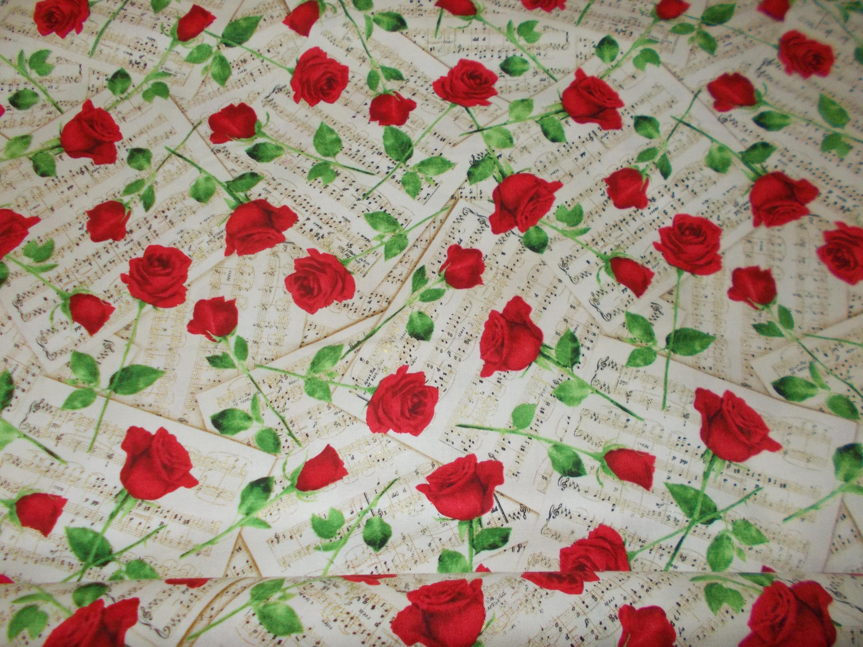 BTY Timeless Treasures Red Roses on Sheet Music Beige With Metallic ...