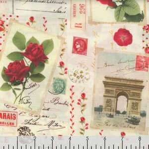 Timeless Treasures Vintage Rose PARIS Postcards on Cream Print 100% ...