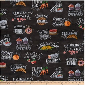 BTY Kaufman METRO CAFE Dessert Chalkboard on Charcoal Print 100% Cotton Quilt Craft Fabric by the Yard