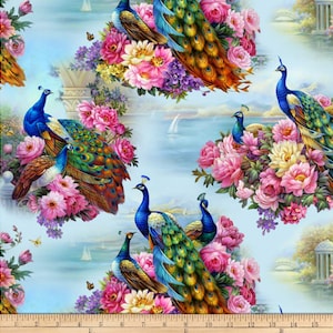 Elizabeth&#39;s Studio EXOTICA Peacocks & Flowers on Blue Print 100% Cotton Quilt Craft Fabric