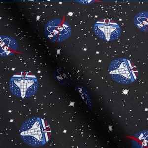 Mad Engine NASA Meatball Space Shuttle on Black Print 100% Cotton Quilt Craft Fabric