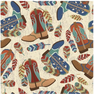 David Textiles 1 Yard Precut - BOOTS & FEATHERS on Off White Print 100% Cotton Quilt Fabric