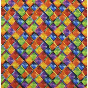 May include: A vibrant, colorful fabric with a repeating pattern of overlapping, rectangular brushstrokes. The design features a spectrum of colors including red, orange, yellow, green, blue, and purple, creating a dynamic and eye-catching visual texture. The fabric's design is suitable for various craft projects.