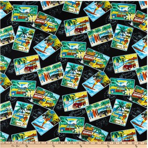 Trans-Pacific Textiles Hawaiian Tropical POSTCARDS on Black Print 100% Cotton Quilt Craft Shirting Fabric