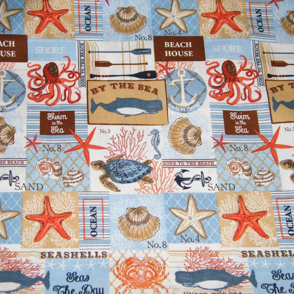 35.5 Inches BY The SEA Nautical Patch Print 100% Cotton Quilt Craft Fabric by the PIECE