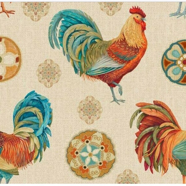 David Textiles 1 Yard Precut - ROOSTER MEDALLIONS Prints 100% Cotton Quilt Craft Fabric