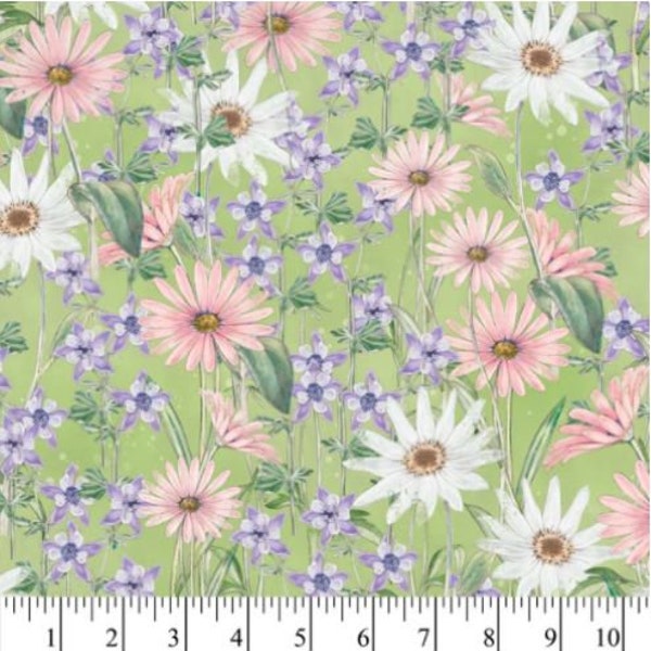 David Textiles 1 Yard Precut - WILDFLOWERS on Green Print 100% Cotton Quilt Fabric