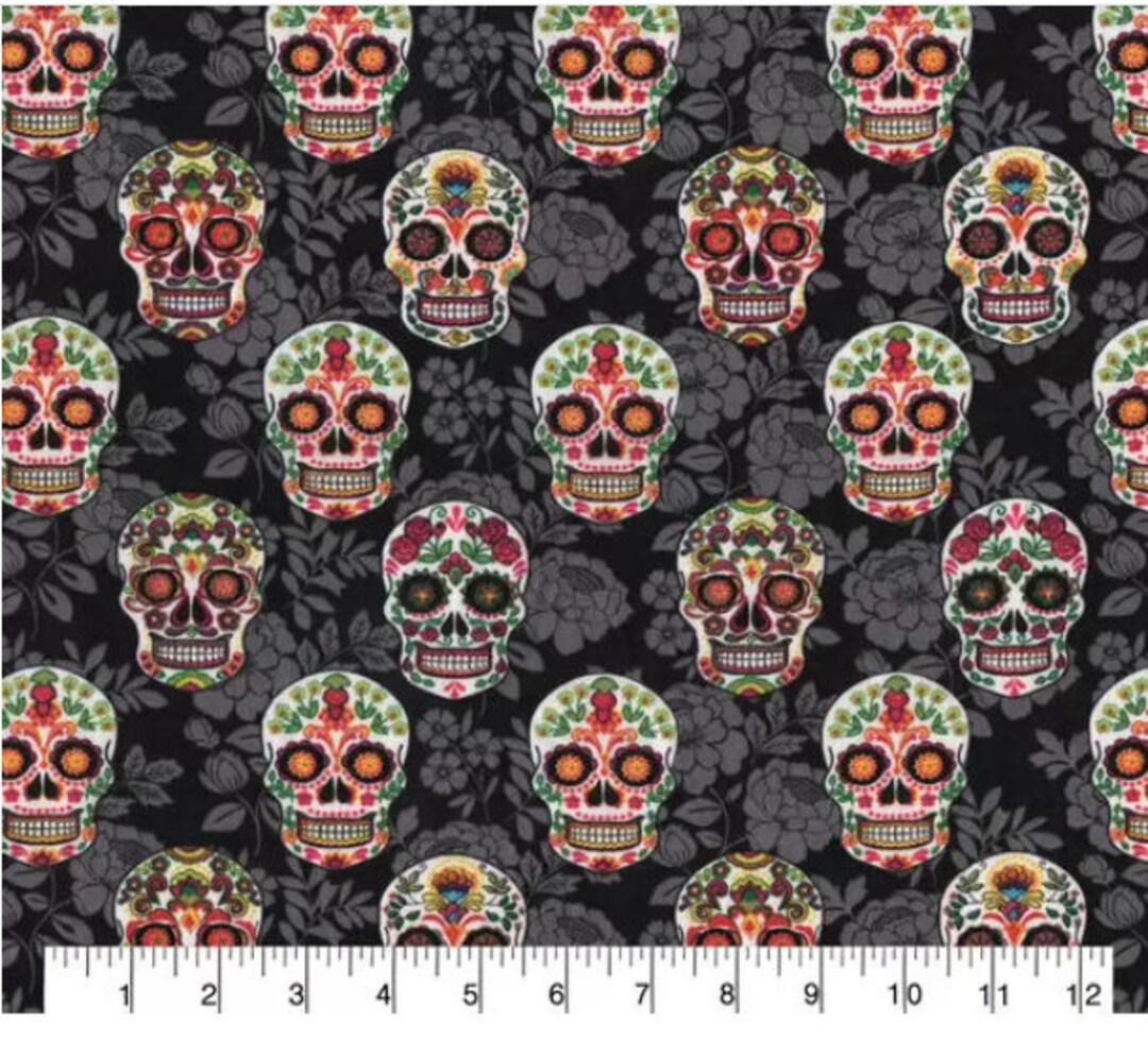 SALE!!! BTY Colorful Sugar SKULLS on Black Floral Print 100% Cotton ...