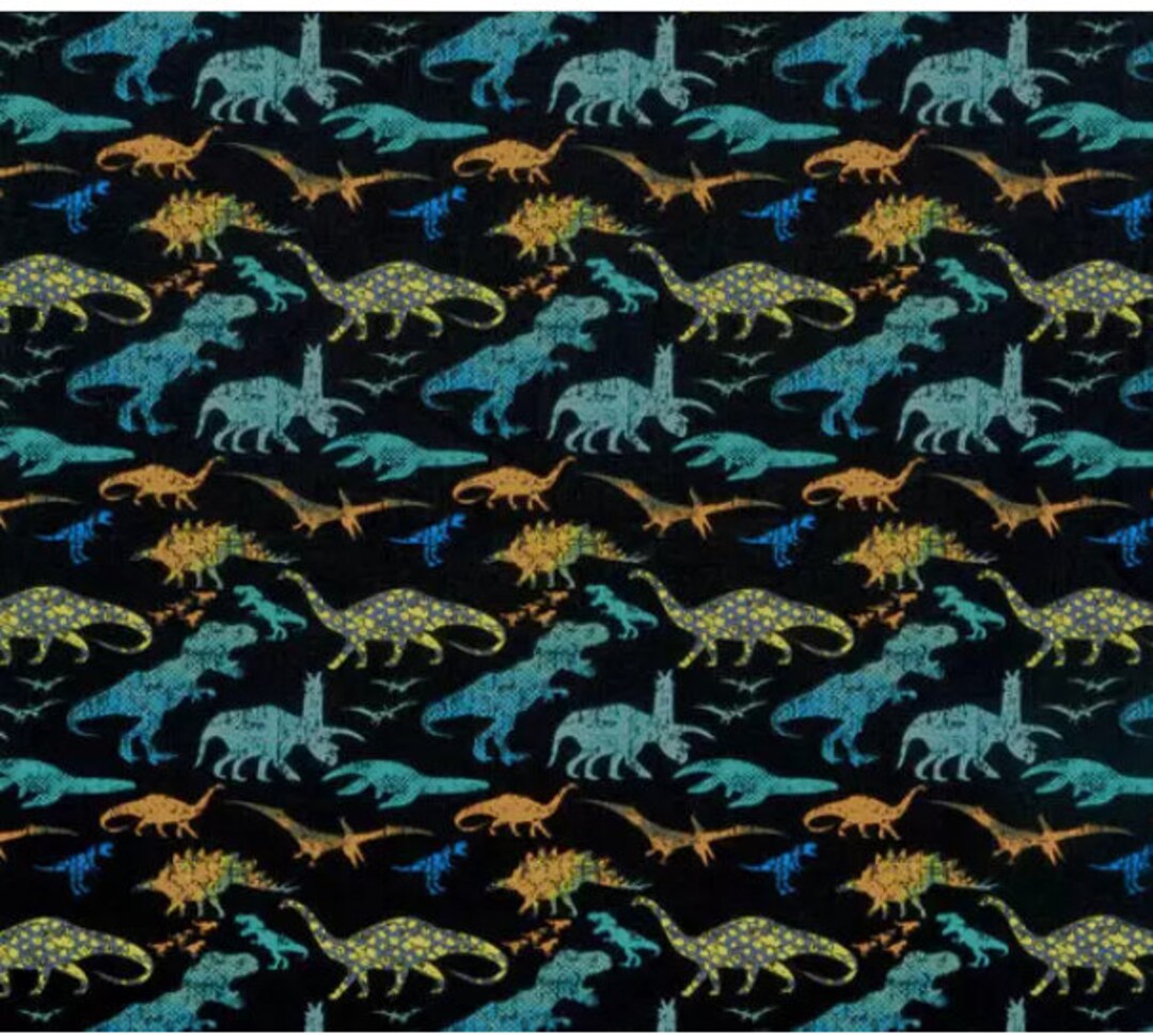 BTY Prehistoric Dinos Stamped DINOSAURS ALLOVER Print on Black 100% ...