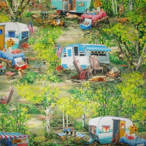 May include: A fabric print featuring several vintage-style travel trailers in a lush, green forest setting. Each trailer is painted in shades of blue, white, and red, with picnic tables, chairs, and American flags. The scene includes bicycles, dogs, and deer.