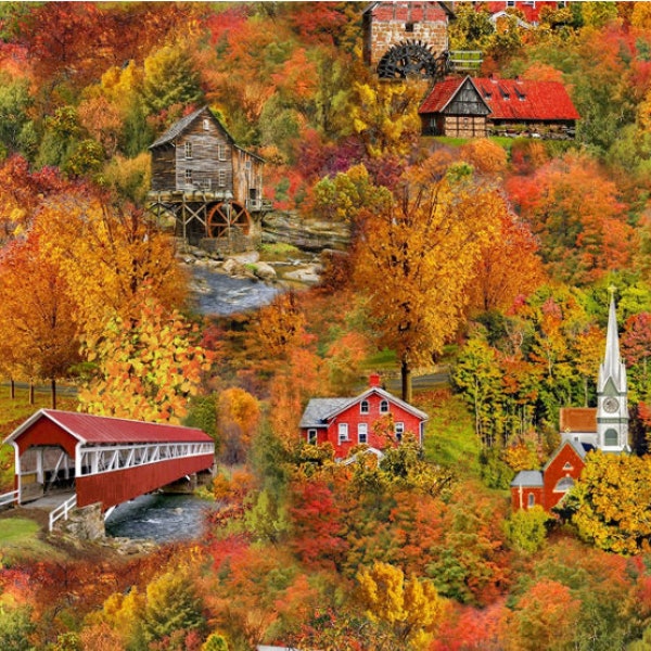 Timeless Treasures FALL FOLIAGE Village Print 100% Cotton Quilt Craft Fabric