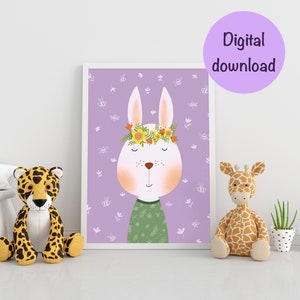 Descarga digital - Decoración de la pared de la guardería. Afiche de la pared de la guardería con un lindo conejito en guirnalda. Póster de conejo para habitación infantil. 300 ppp, JPEG, A4/30-40"