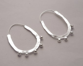 Rustic Silver hoops, rustic jewelry, hammered jewelry, textured earrings, earrings with small balls, daily earrings, Tibetan hoops, ethnic