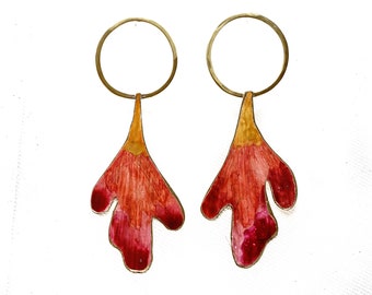 Boucles d'oreilles feuilles de figuier, boucles d'oreilles colorées, créoles émail et aquarelle, grandes boucles d'oreilles or rouge et jaune, bijoux botaniques