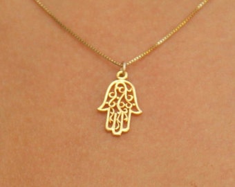 Gold hamsa necklace, gold filled hamsa necklace, (small surface), filigree hamsa with 16inch gold filled chain,