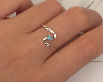 Dainty Sterling Silver Opal Ring: Handmade Hammered Wave Band