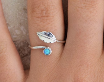 Leaf ring, Opal ring,  Adjustable ring, Silver leaf ring, Open Ring, silver ring, Stackable Ring, Feather ring