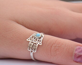 hand of god ring, silver opal hamsa ring