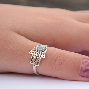 hand of god ring, silver opal hamsa ring