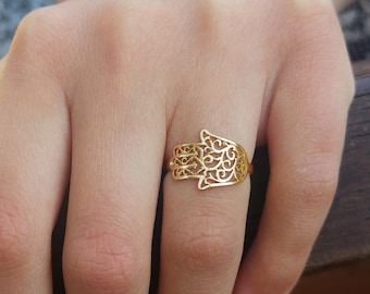 hamsa ring, Gold hamsa ring (small surface), Goldfilled hamsa ring, hand ring, hand of god ring, filigree hamsa ring, unique hamsa ring