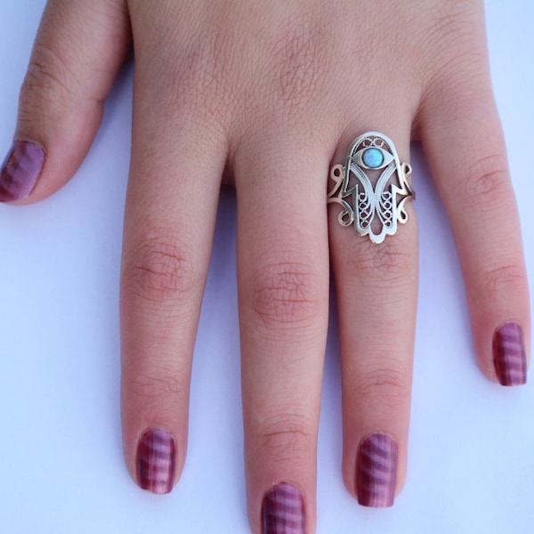 Silver hand of god ring, opal hamsa ring