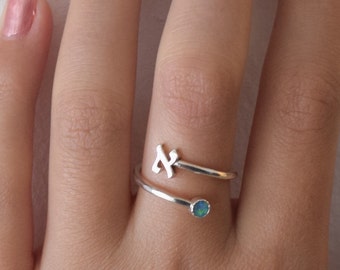 Initial ring, hebrew alphabet ring, personalized ring, letter ring,name ring,opal ring, open ring