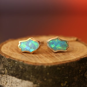 Opal Stud Earrings,Opal hamsa stud earrings, Gold filled earrings, Opal earrings, Tiny opal earrings, Hand earrings,