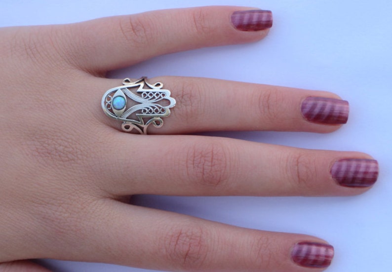 Silver Hand of God Ring Opal Hamsa Ring Etsy