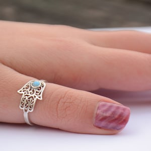 Thumb ring Sterling, silver hamsa ring with opal, opal ring, October birth stone