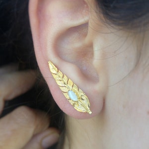 Ear cuff, Ear climber, Gold ear cuff, Feather ear cuff, Gold earrings, Moon stone earrings, Modern earrings, Moon stone ear cuff