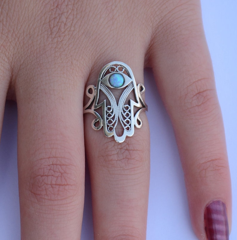 Sterling silver opal hamsa ring, Thumb ring image 7