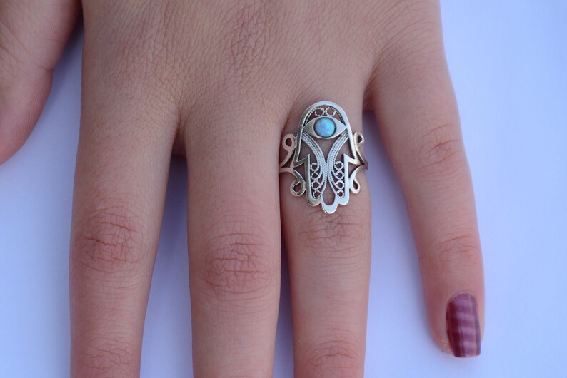 Sterling silver opal hamsa ring, Thumb ring image 10