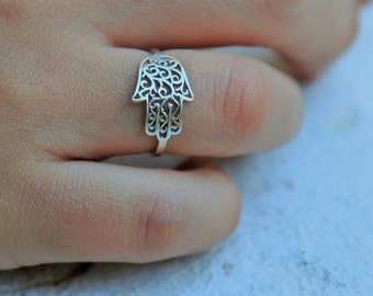 Evil eye ring, hand of god ring, silver hamsa ring, unique hamsa ring