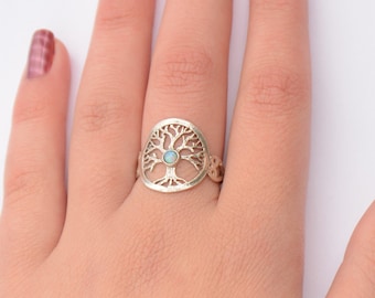 Tree of life ring, silver opal ring, geometric ring, tree ring