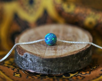 Opal Ball Necklace: Sterling Silver Bead, Green Blue Fire Opal
