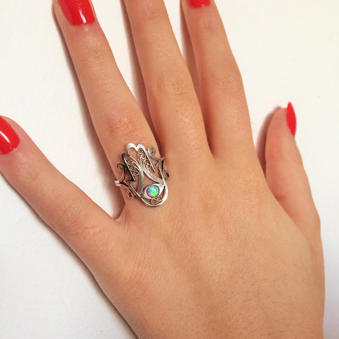 Silver hand of god ring opal hamsa ring Etsy