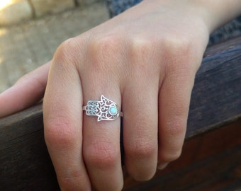 Hamsa ring, White opal hamsa ring, opal hamsa ring, dainty hamsa, hamsa ring, opal ring, silver ring, filigree hand of god, universal