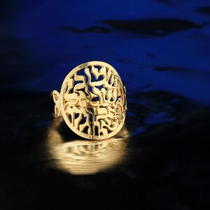 May include: A gold ring with a circular design featuring Hebrew lettering.