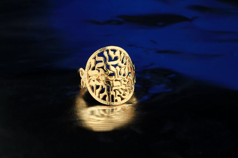 May include: A gold ring with a circular design featuring Hebrew lettering.