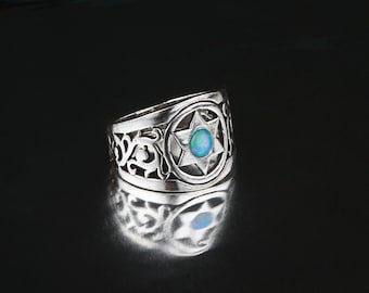 Sterling silver magen david ring, Star of david ring, Silver ring, Opal ring, Hand made, Filigree ring