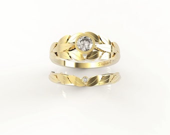Bridal Set, Diamond engagement ring, Wedding ring, Diamond set, Celtic set, Diamond engagement ring, Gold ring, Leaves ring, DC-1002W