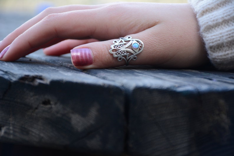 Sterling silver opal hamsa ring, Thumb ring image 1