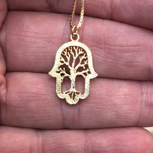 Gold hamsa necklace, tree of life necklace, gold hand necklace, hand tree of life necklace, unique hand necklace, unique tree of life