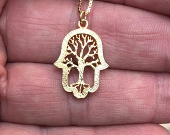 Gold hamsa necklace, tree of life necklace, gold hand necklace, hand tree of life necklace, unique hand necklace, unique tree of life