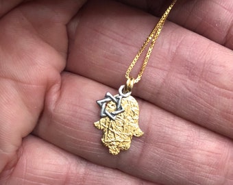 Gold hamsa necklace, Gold hamsa with Star of David necklace, Hand made jewelry,