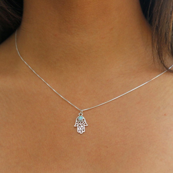 Hamsa necklace, Silver necklace, Hamsa opal necklacel, Silver hamsa necklace, Dainty necklace, Hand made, Celtic necklace, Opal necklace