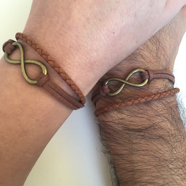 Couples Bracelets 283- friendship love cuff bronze infinity charm bracelet leather braid gift adjustable boyfriend girlfriend