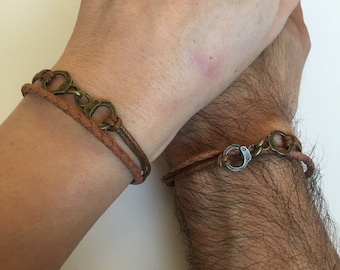 Couples Bracelets 317- friendship love cuff bronze handcuffs charm bracelet leather braid gift adjustable boyfriend girlfriend bracelets