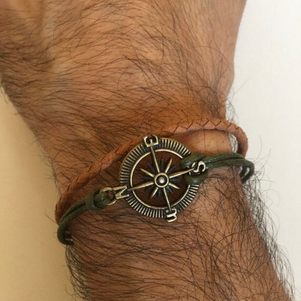 Pulsera de hombre 367- brújula de cuero genuino amuleto verde encerado algodón amistad brazalete regalo trenzado cuero actual