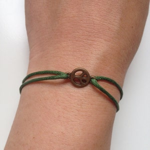 Peace sign Bracelet 50- friendship bronze charm waxed cotton bracelet peace sign gift adjustable current womenswear unique